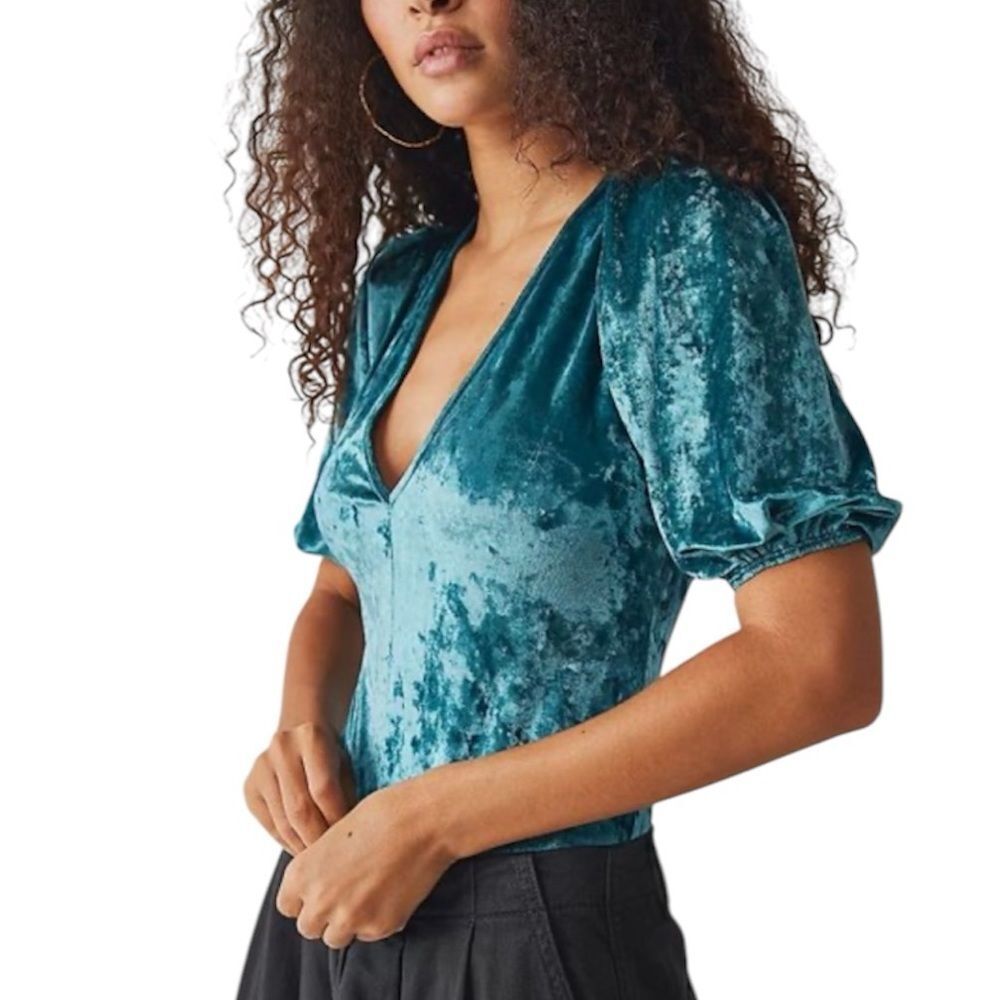 Free People Don't you Wish Deep Teal Velour Puff Sleeve Bodysuit‎ Small V-Neck